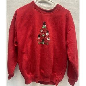 M & C Christmas Sweater Sweatshirt Red Embroidered Snowman Tree Medium Holiday